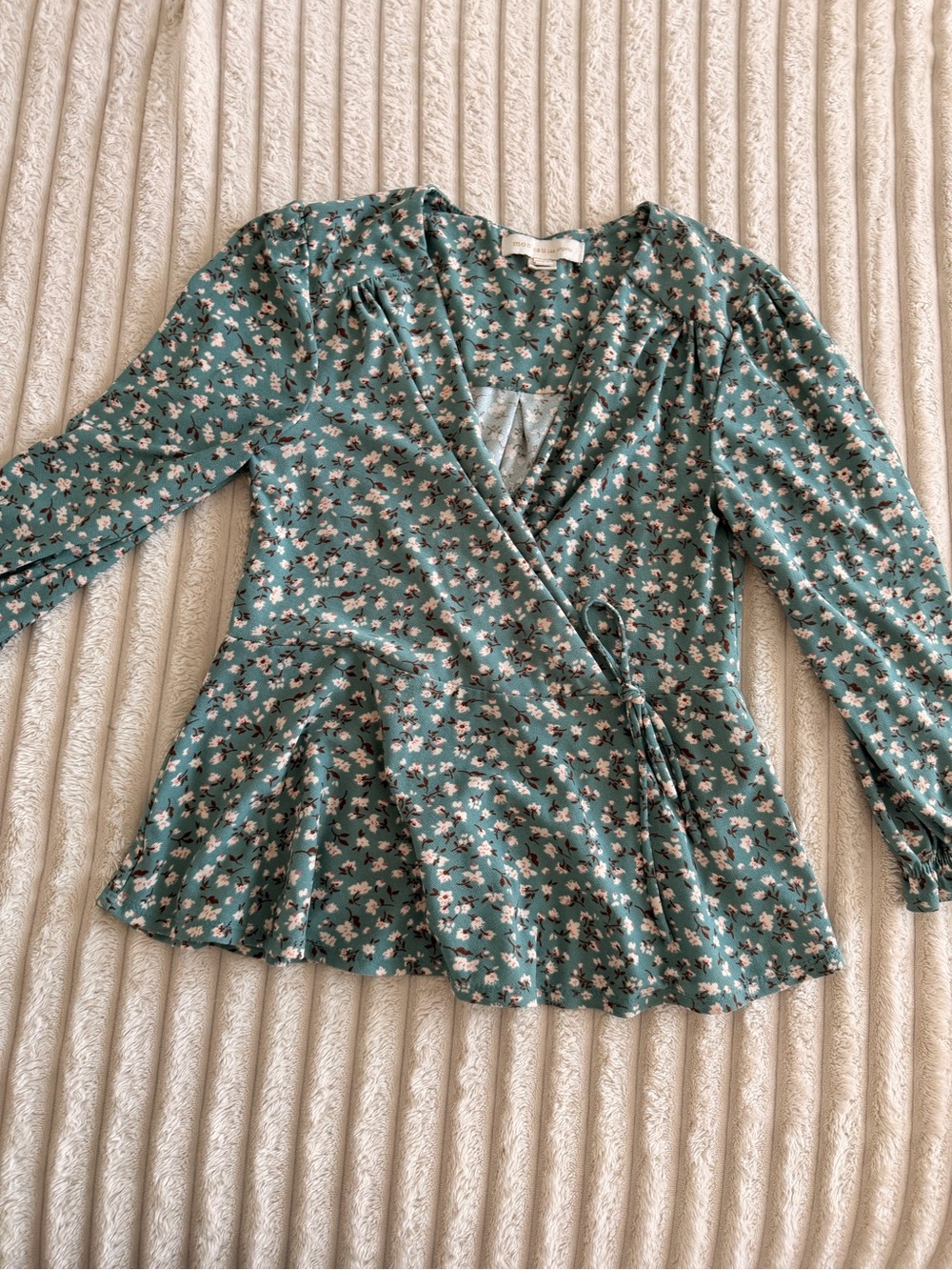 Monteau Teal Floral Wrap Blouse